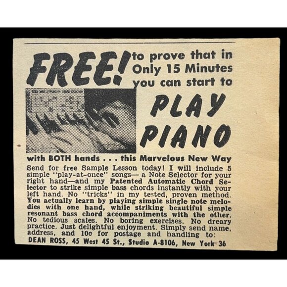 Dean Ross Sample Piano Lesson Mini Print Ad Vintage 1950s Mail Order New York - Picture 1 of 5